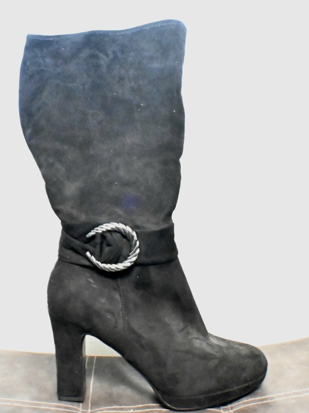 Impo- Wide Calf Black Suede Heeled Boot with Twisted Buckle